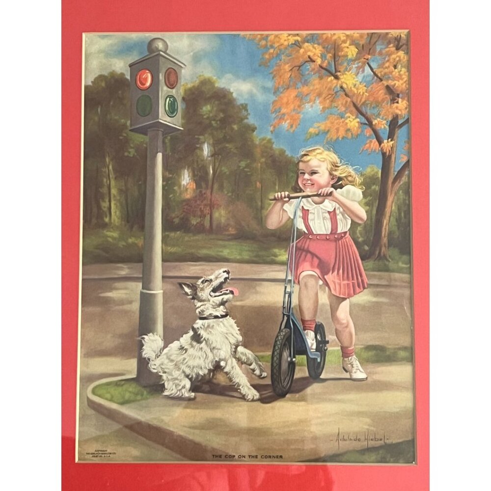 Vtg MCM Adelaide Hiebel Print "Cop on the Corner" with Gold Frame & Orange Mat - Picture 4 of 13